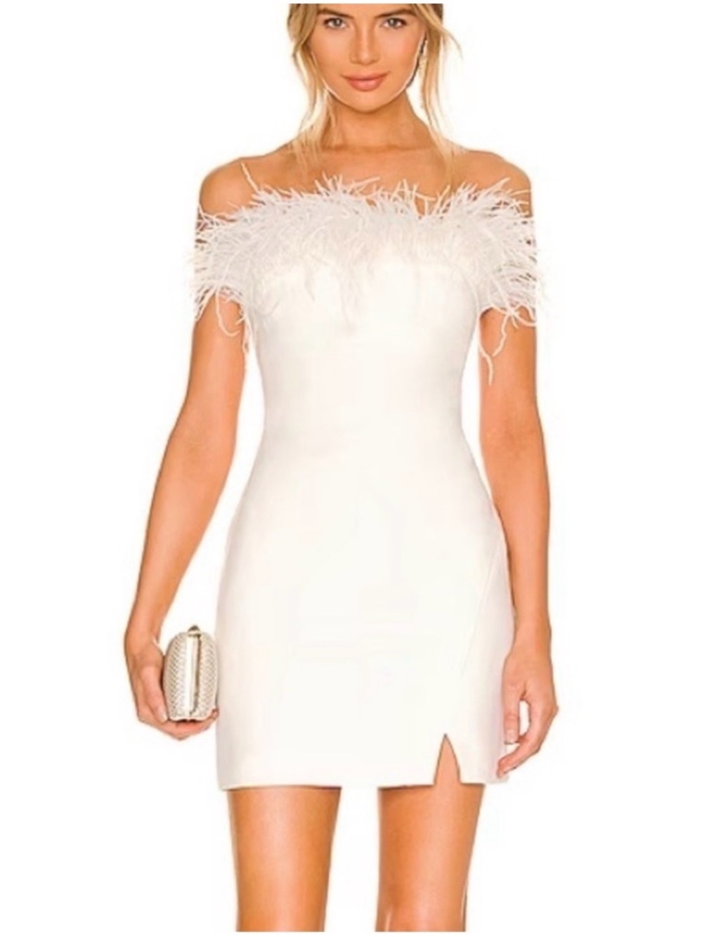 Likely White Off-Shoulder Feather-Trim Mini Dress